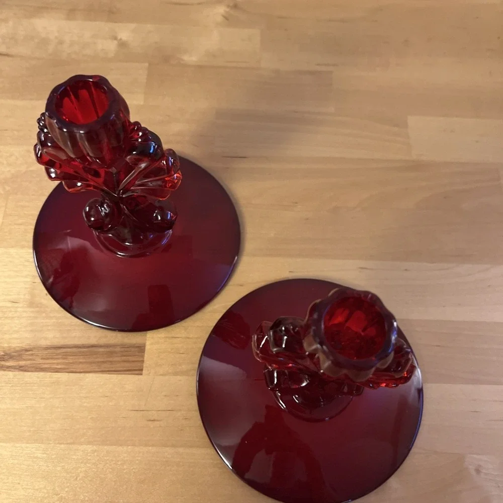 NEW MARTINSVILLE GLASS RUBY RED CANDLESTICK HOLDERS DEPRESSION GLASS SET OF 2